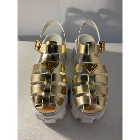 Prada 'Platform' Gold Leather Fisherman Sandals Size 8 - Picture 3 of 5